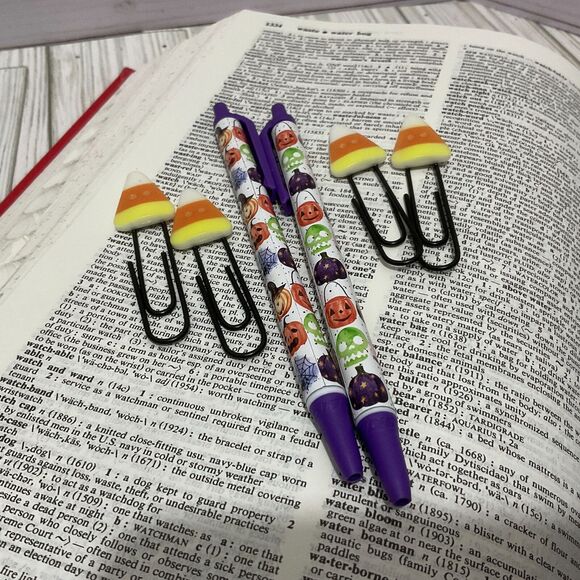 Candy Corn Halloween Paperclip bookmarks. plus 2 Halloween Vinyl wrapped pens - Picture 1 of 2